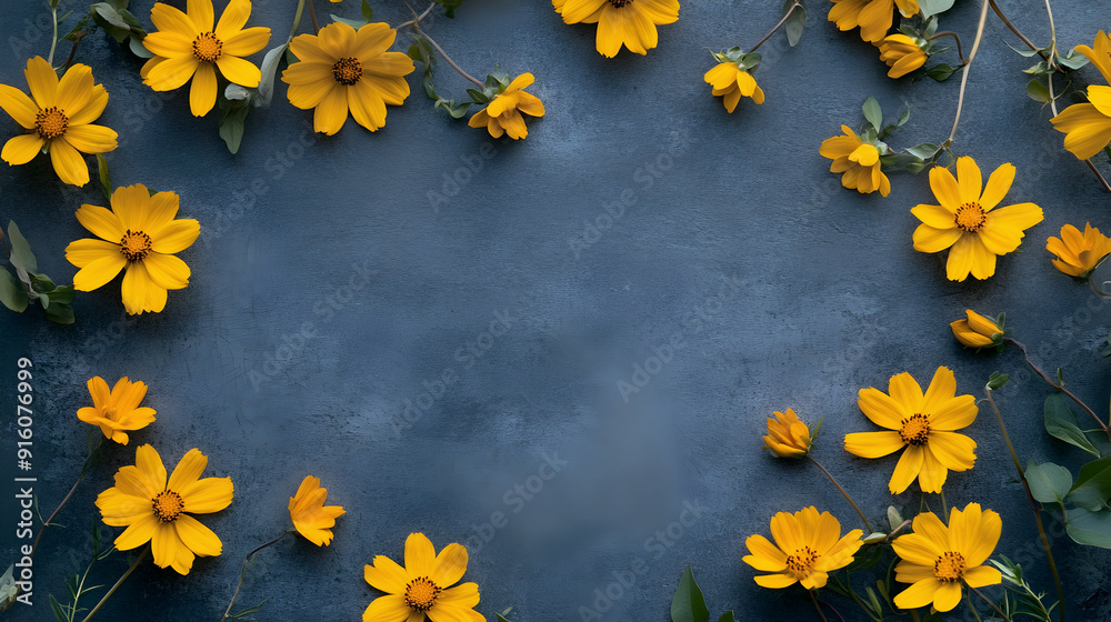 Flowers composition Frame made of yellow flowers on gray background Flat lay top view square copy space : Generative AI Flowers composition Frame made of yellow flowers on gray background Flat lay top view square copy space : Generative AI