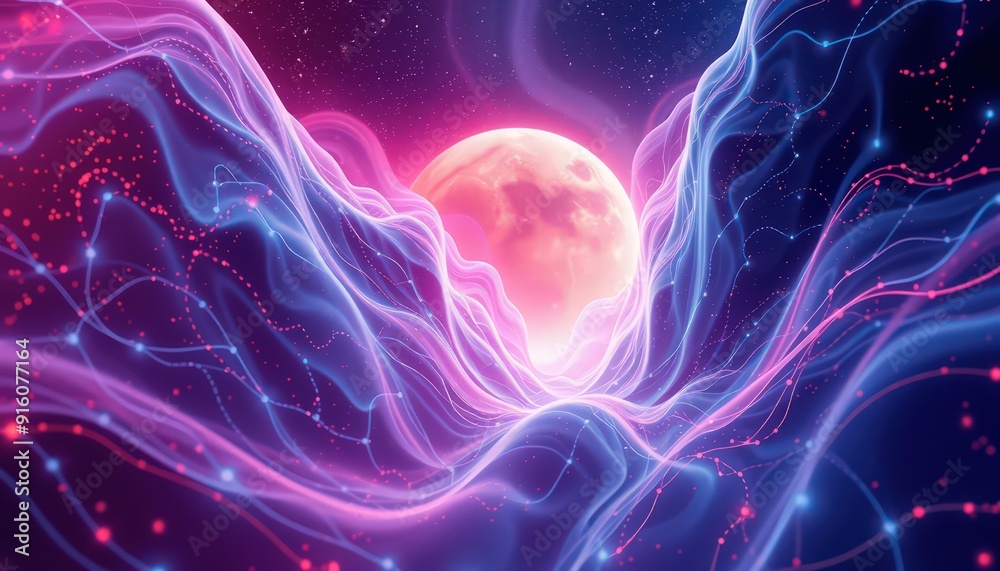 Abstract Glowing Lines and Moon.