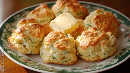 59. A plate of savory cheese and herb scones with a dollop of butter