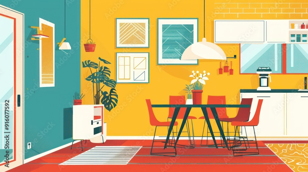 Modern Kitchen Dining Area with Yellow Walls and Red Chairs. Modern Kitchen Dining Area with Yellow Walls and Red Chairs.