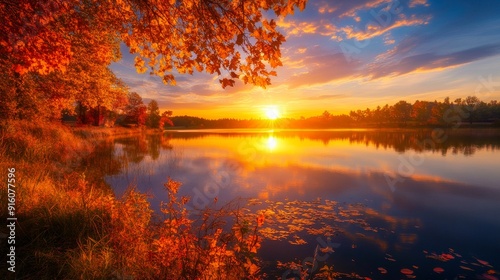 A vibrant sunset reflects on a calm lake surrounded by autumn trees in peak color. Ideal for nature, landscape, and serene outdoor settings.