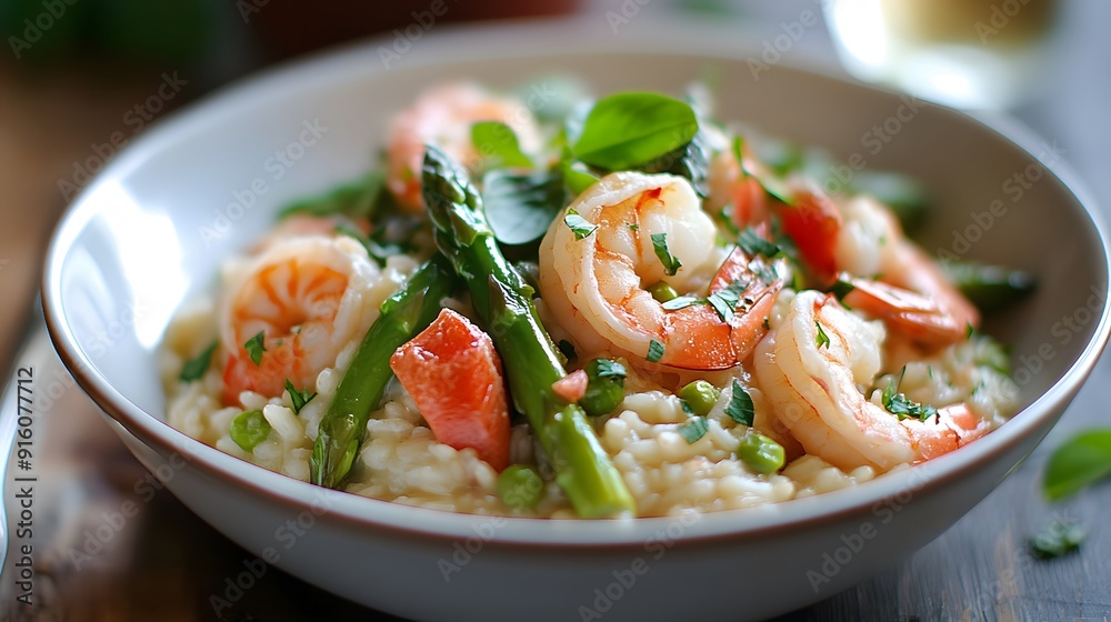 65. A delicious bowl of risotto with shrimp and asparagus 65. A delicious bowl of risotto with shrimp and asparagus