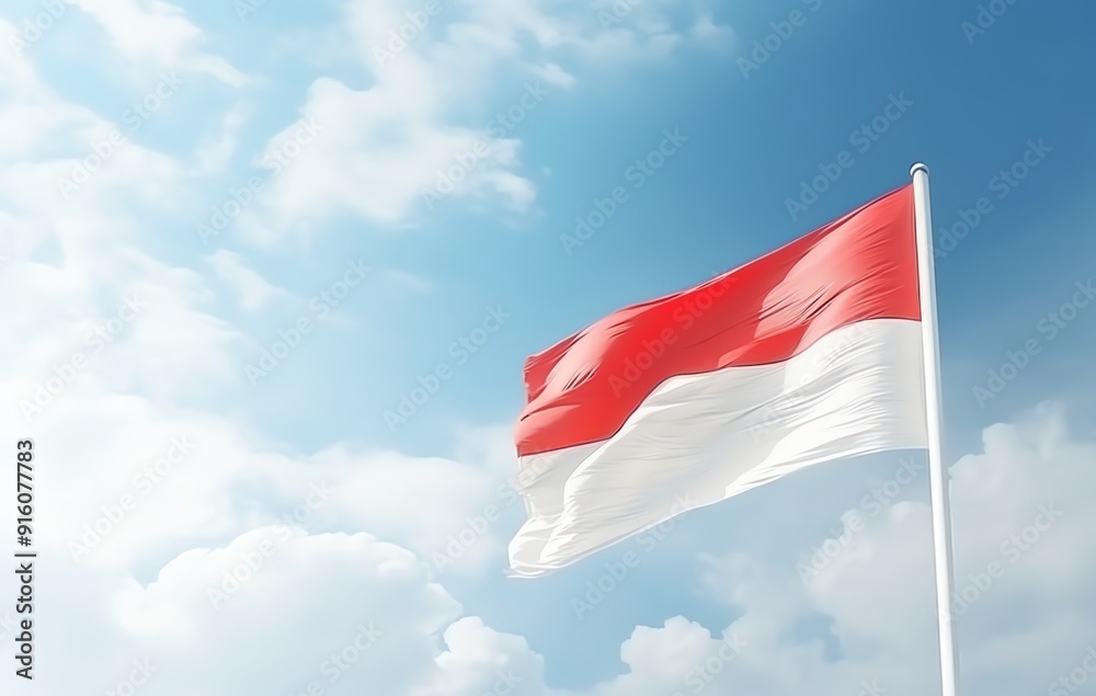 Red and White Flag Waving in Blue Sky with Clouds Red and White Flag Waving in Blue Sky with Clouds
