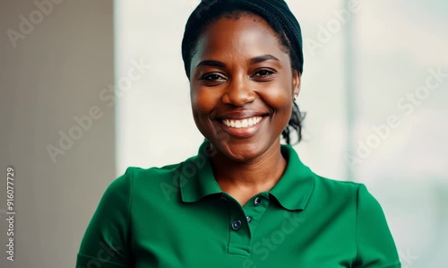 smiling african american woman in green polo t-shirt