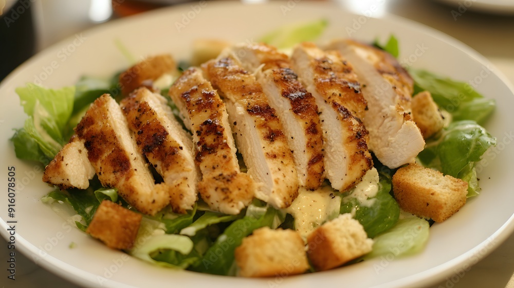 69. A crispy chicken Caesar salad with romaine lettuce and croutons 69. A crispy chicken Caesar salad with romaine lettuce and croutons