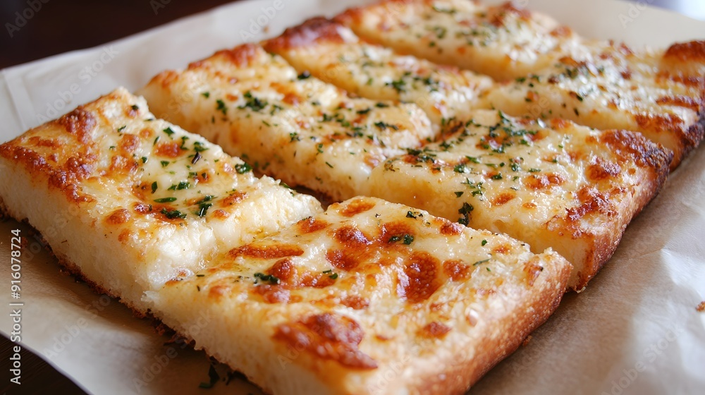 71. A warm serving of cheesy garlic bread with a golden crust 71. A warm serving of cheesy garlic bread with a golden crust