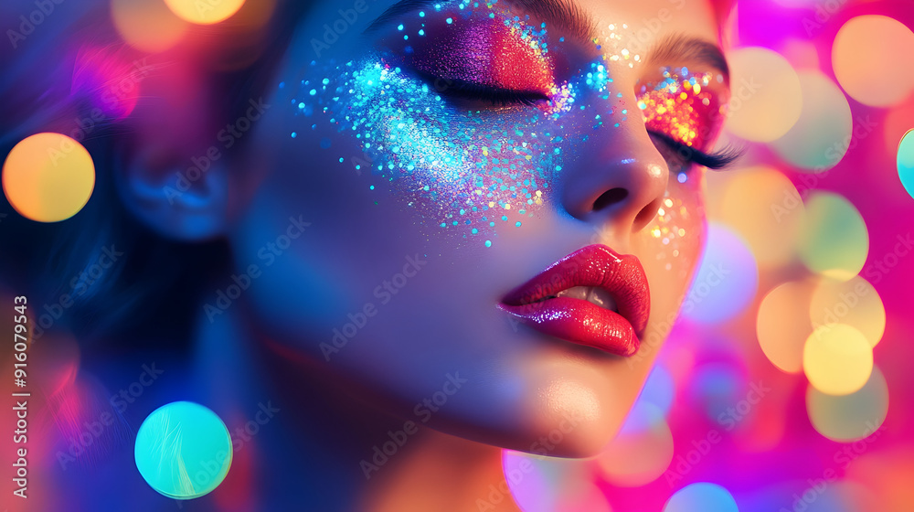 High Fashion model woman in colorful bright lights posing portrait of beautiful girl with trendy makeup Art design 