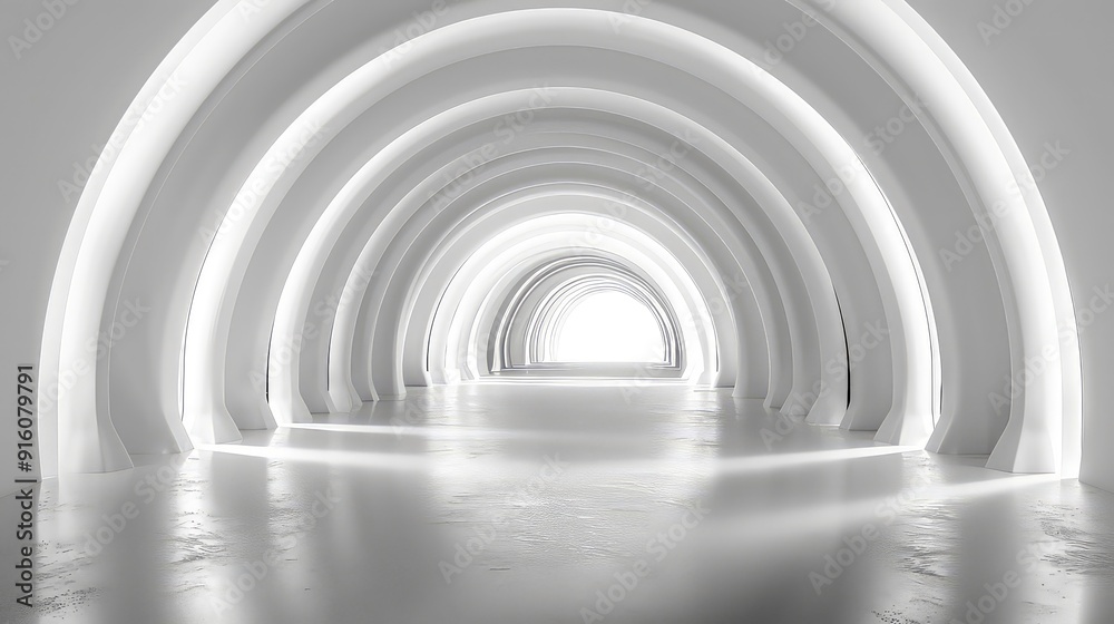 Fototapeta premium An abstract, minimalistic depiction of a tunnel with a white, glossy, reflective floor and white arches lined up. The end of the tunnel is bright white, creating a sense of mystery and hope.