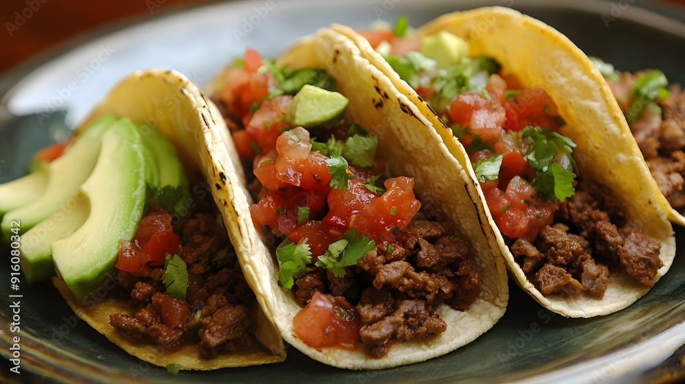 87. A delicious serving of beef tacos with fresh salsa and avocado 87. A delicious serving of beef tacos with fresh salsa and avocado
