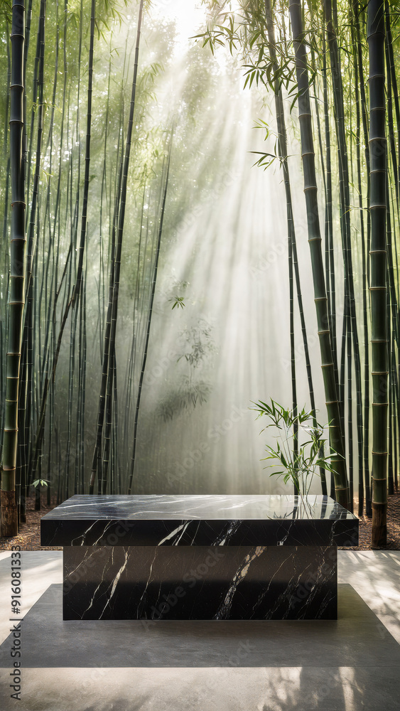 product display podium out of black marble in a misty bamboo forest, soft sunlight with light rays, black marble podium with presentation space, ad, podium platform, product presentation space product display podium out of black marble in a misty bamboo forest, soft sunlight with light rays, black marble podium with presentation space, ad, podium platform, product presentation space