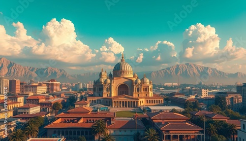 Basilica and Cityscape with Mountain Range.