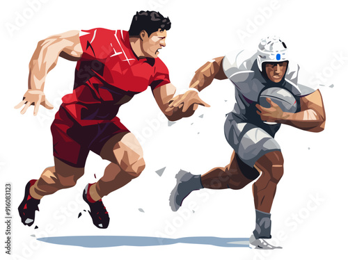 A rugby player in white dodges a red-clad opponent during a high-energy game, showcasing athleticism., illustrations against white background -