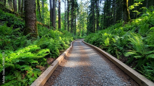 A peaceful forest path surrounded by lush greenery and tall trees, inviting a serene escape into nature's beauty.