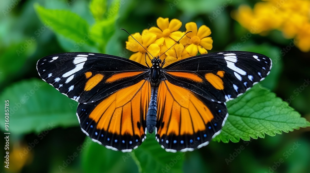 A vibrant orange butterfly perched on a bright yellow flower, showcasing nature's beauty and intricate details. A vibrant orange butterfly perched on a bright yellow flower, showcasing nature's beauty and intricate details.