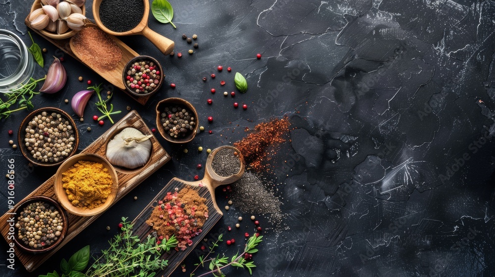 Colorful spices and herbs on a dark background Colorful spices and herbs on a dark background