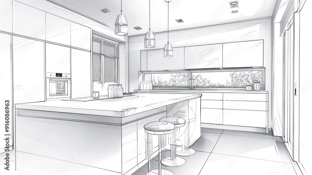 Hand-drawn sketch of a modern kitchen design with island and bar stools.
