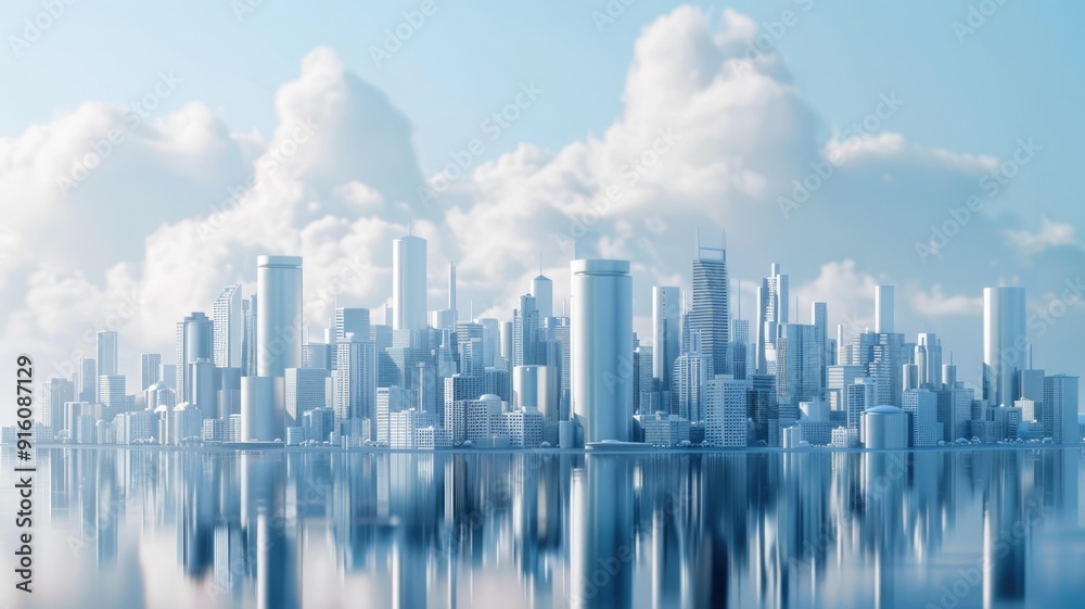 Modern cityscape with glass buildings, cloudy sky, calm water reflection Modern cityscape with glass buildings, cloudy sky, calm water reflection