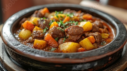 Close-up of Beef Stew in a Clay Pot