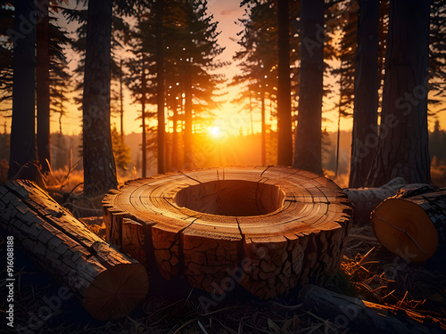 Sunset light illuminating cut logs in a serene forest setting, showcasing detailed tree rings and bark textures, symbolizing the natural beauty and resourcefulness of wood.