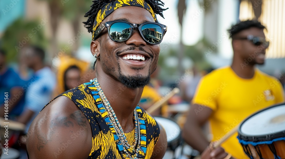 Joyful drummer performing at a vibrant street festival, showcasing rhythm, culture, and community spirit. Joyful drummer performing at a vibrant street festival, showcasing rhythm, culture, and community spirit.