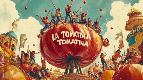 Festive Celebration with Giant Tomato and People Throwing Tomatoes photo