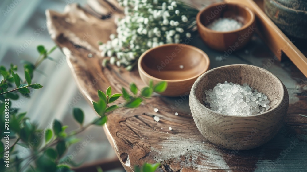 Coarse sea salt in wooden bowls on rustic wooden table Coarse sea salt in wooden bowls on rustic wooden table