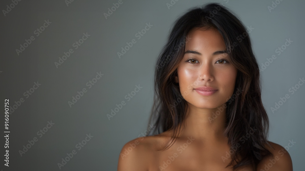 Studio portrait of a beautiuful Asian model with a slight smile. Direct gaze. Bare shoulders. Copy space. Studio portrait of a beautiuful Asian model with a slight smile. Direct gaze. Bare shoulders. Copy space.