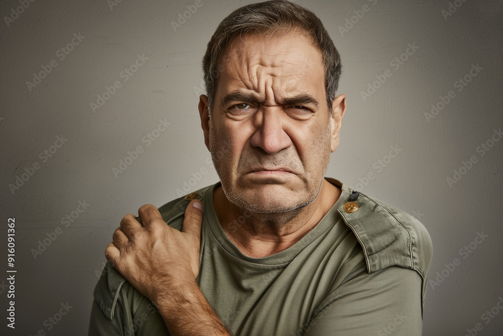 A middle-aged man with a serious expression, showing signs of discomfort or pain. A middle-aged man with a serious expression, showing signs of discomfort or pain.