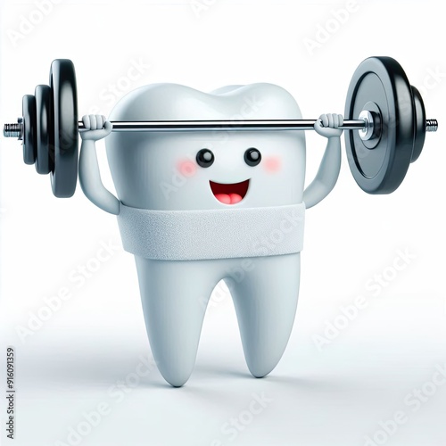 a healthy and strong smiling anthropomorphized tooth doing weight lifting, generative AI