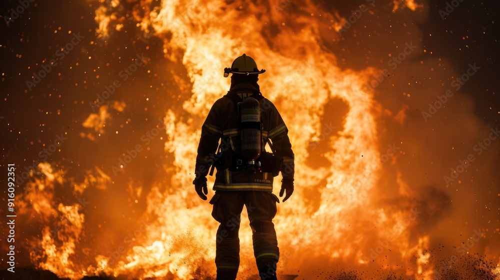Firefighter battles massive blaze in protective gear silhouetted against intense flames Firefighter battles massive blaze in protective gear silhouetted against intense flames