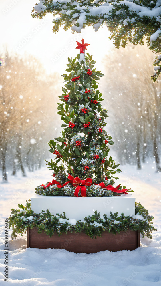 Christmas decorated product display podium in the snow with mistletoes, product presentation space in a winter wonderland, Christmas scenery with mistletoes, Christmas podium with presentation space Christmas decorated product display podium in the snow with mistletoes, product presentation space in a winter wonderland, Christmas scenery with mistletoes, Christmas podium with presentation space