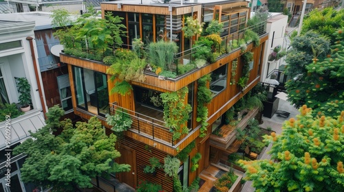 Explore the urban adaptation of a small city house. Write about vertical living, rooftop gardens, and how urban dwellings maximize urban spaces while fostering community living.