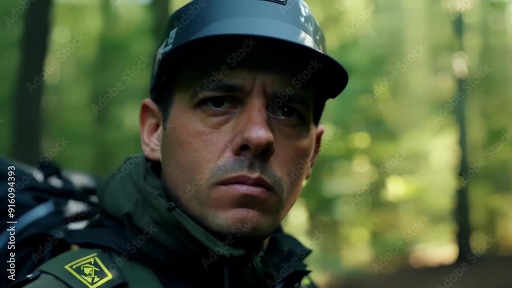 A closeup of a sternlooking park ranger as they investigate a possible illegal campsite deep in the forest. A closeup of a sternlooking park ranger as they investigate a possible illegal campsite deep in the forest.