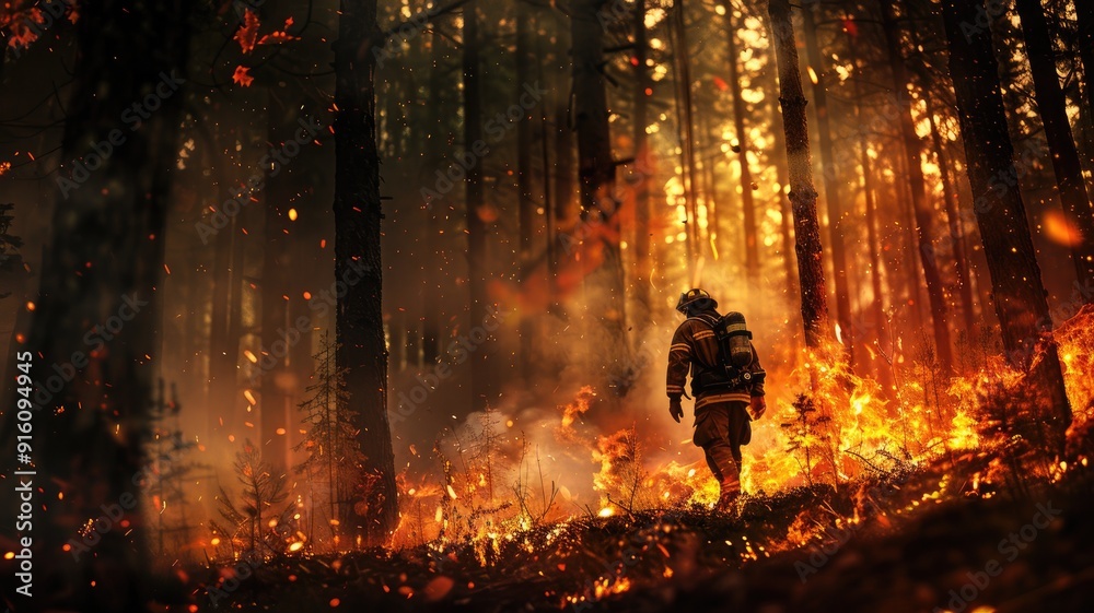 Fototapeta premium Firefighter battling forest fire amidst dense, burning woods
