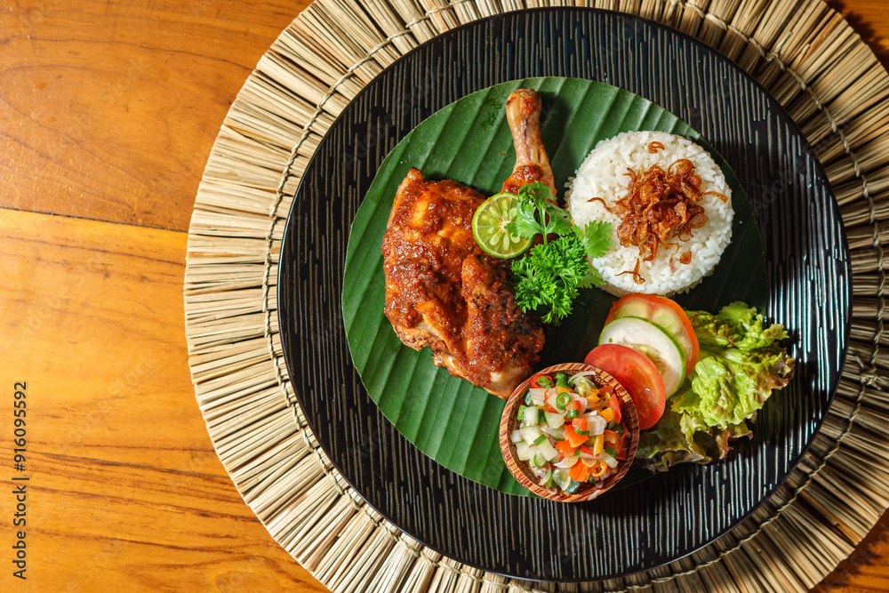 Traditional spicy grilled chicken with rice and vegetables (Ayam Taliwang), Taliwang, West Nusa Tenggara, Indonesia Traditional spicy grilled chicken with rice and vegetables (Ayam Taliwang), Taliwang, West Nusa Tenggara, Indonesia