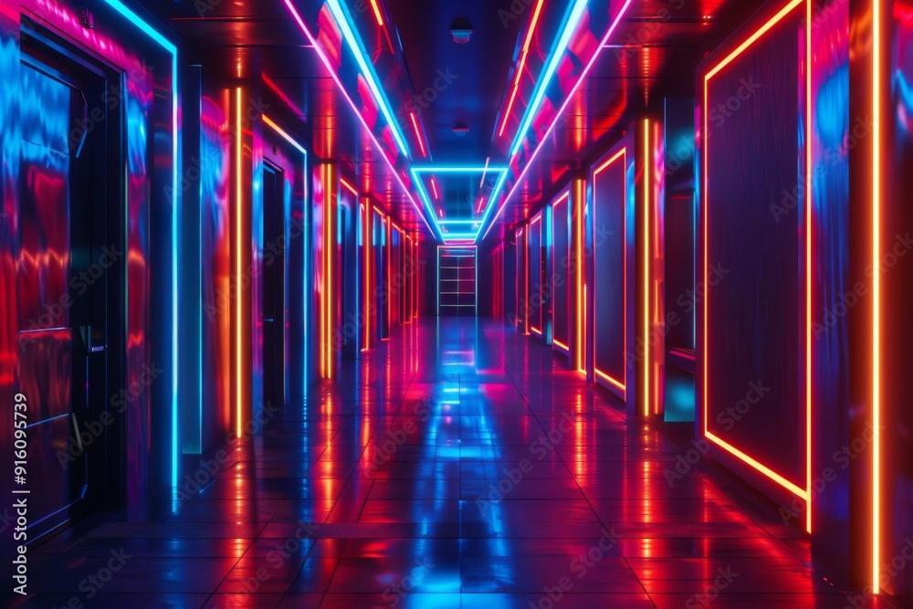 Fototapeta premium Geometric figure in neon light against a dark tunnel creating sci-fi environment