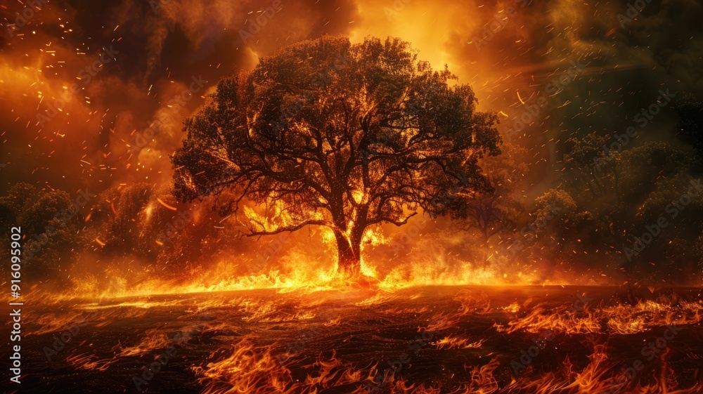 Lone tree engulfed in intense flames during wildfire with dramatic fiery background Lone tree engulfed in intense flames during wildfire with dramatic fiery background