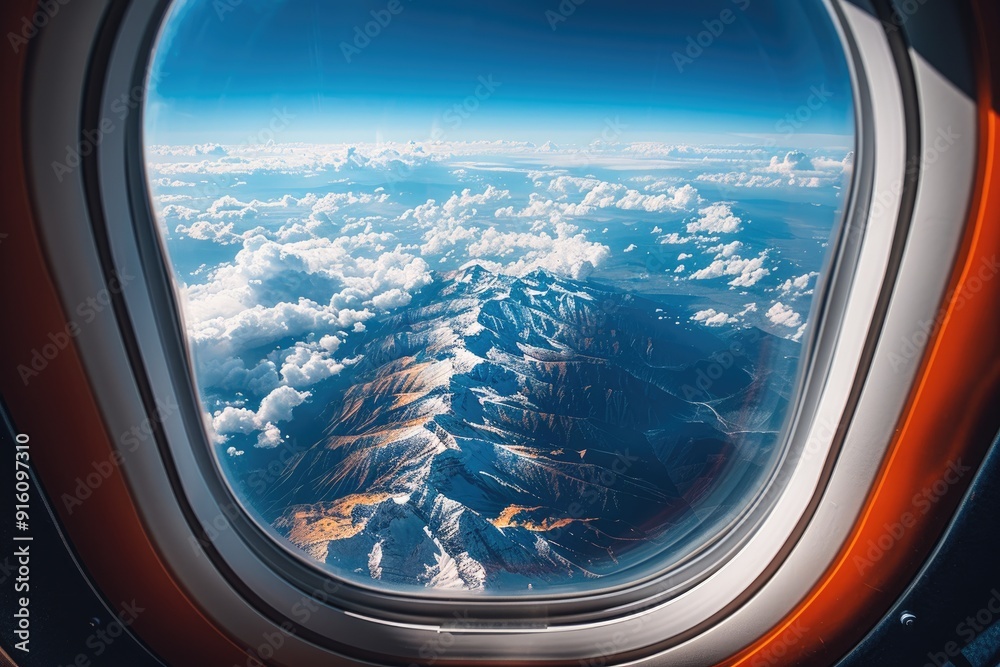 Airplane Window View of Snowy Mountain Range Above Clouds Airplane Window View of Snowy Mountain Range Above Clouds