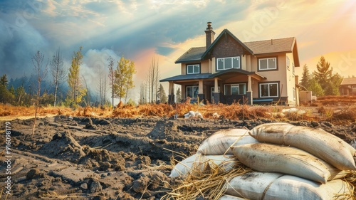 Modern house near wild forest fire, sandbags protect property