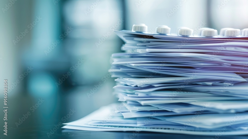 Large stack of documents on table beside pack pills Large stack of documents on table beside pack pills