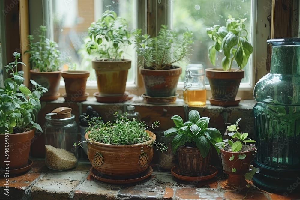 A Window Sill Filled with Plants and Glassware A Window Sill Filled with Plants and Glassware