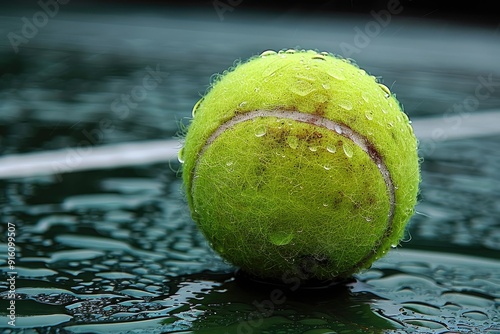 A Wet Tennis Ball on a Green Court