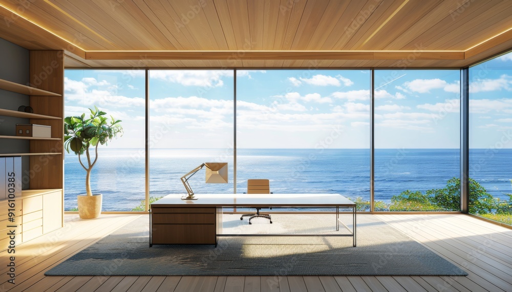 Fototapeta premium An empty office with full glass window facing to the open wide blue ocean