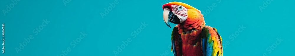 Fototapeta premium Vibrant Macaw Portrait on a Solid Turquoise Background: Highlighting the Colorful Plumage and Striking Features of the Exotic Bird