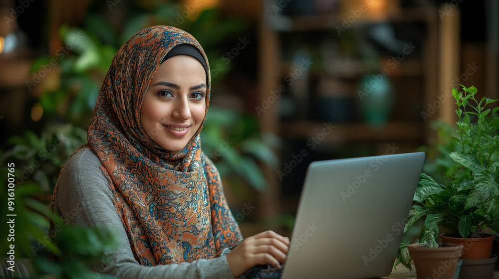 Smiling Muslim Woman in Hijab Working on Laptop and Talking on Phone for Modern Business and Technology Photography Themes Smiling Muslim Woman in Hijab Working on Laptop and Talking on Phone for Modern Business and Technology Photography Themes