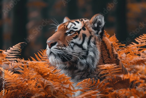 Close-up Portrait of a Tiger with Orange Ferns in the Background photo