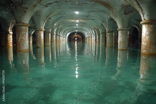 Flooded Arched Tunnel with Columns and Reflections