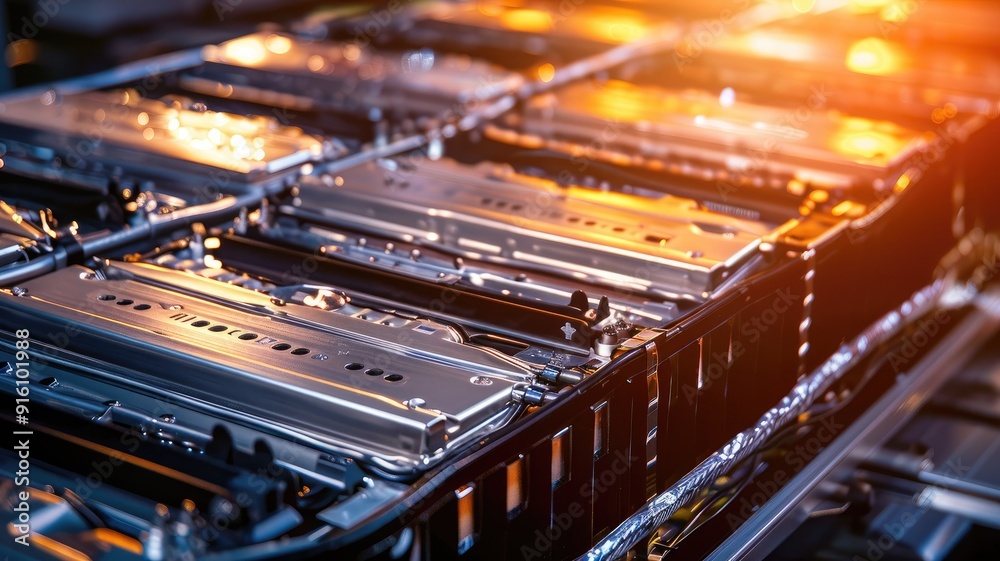 Close-up of electric vehicle batteries with bright glow Close-up of electric vehicle batteries with bright glow