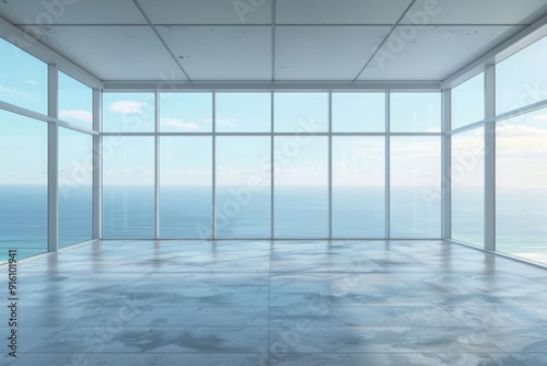 An empty office with full glass window facing to the open wide blue ocean