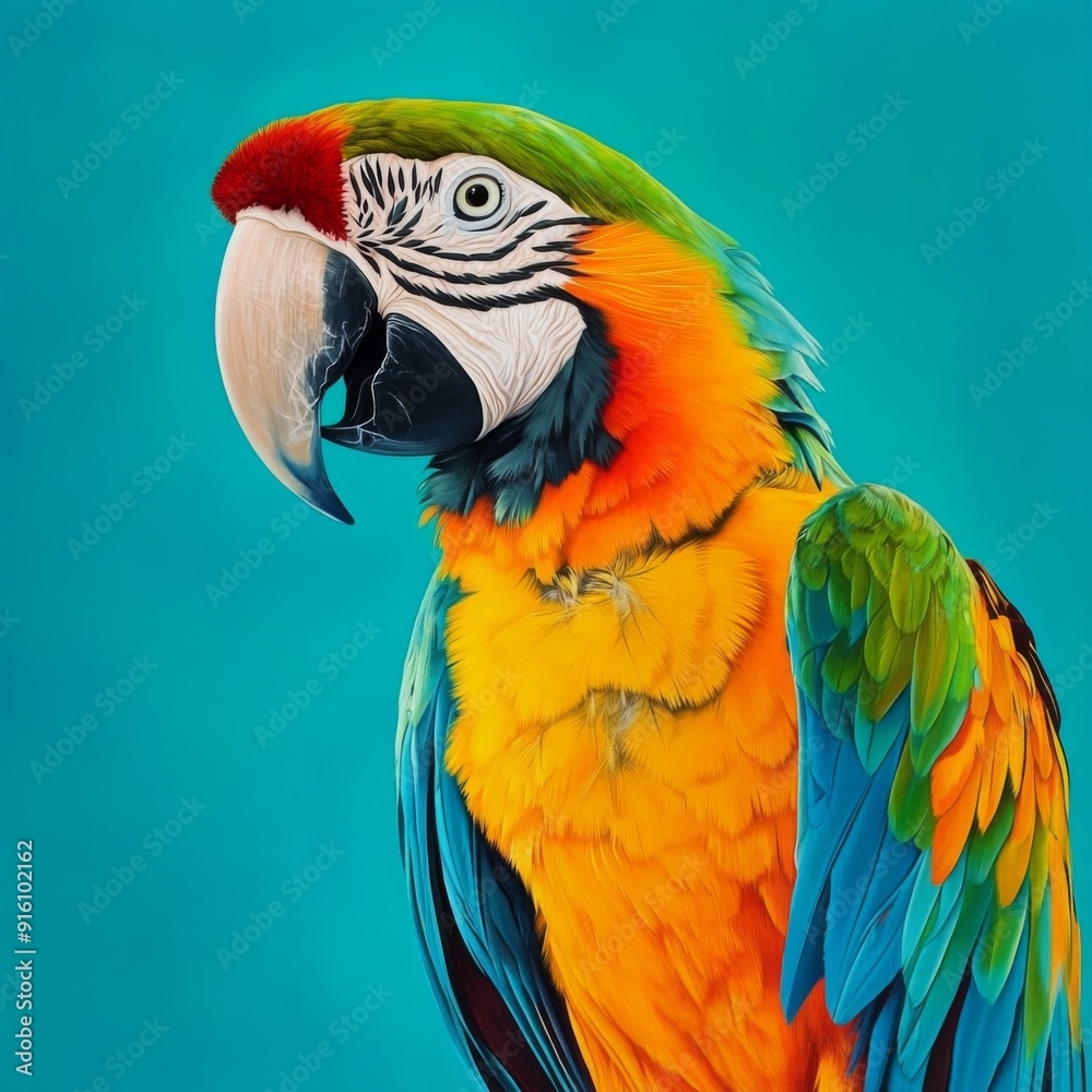 Fototapeta premium Vibrant Macaw Portrait on a Solid Turquoise Background: Highlighting the Colorful Plumage and Striking Features of the Exotic Bird